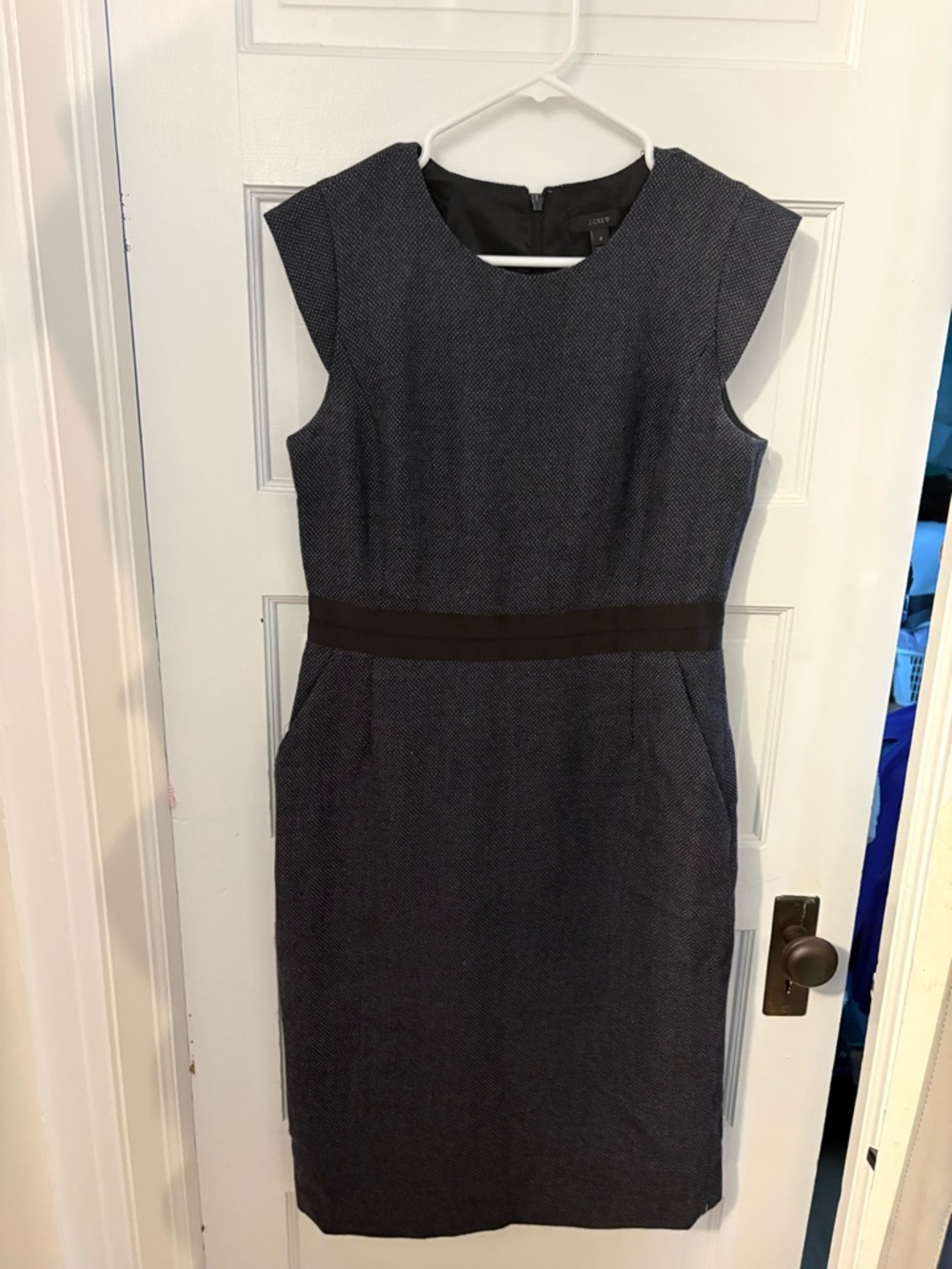 J. Crew Navy Sheath Dress with Black Waistband